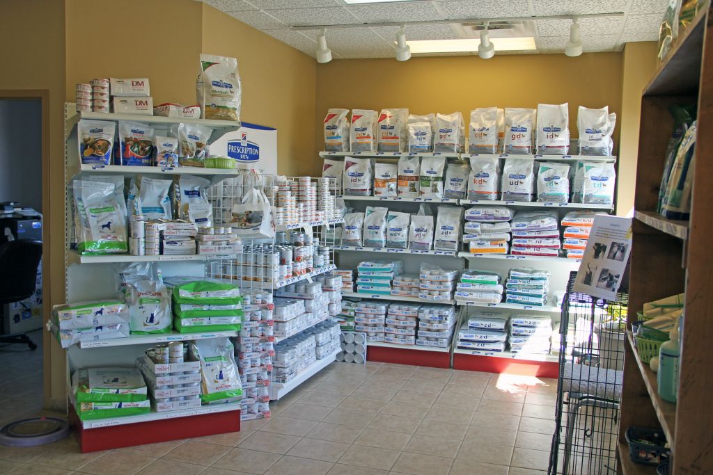 interior shot of Castlerock's clinic, walls of prescription pet food